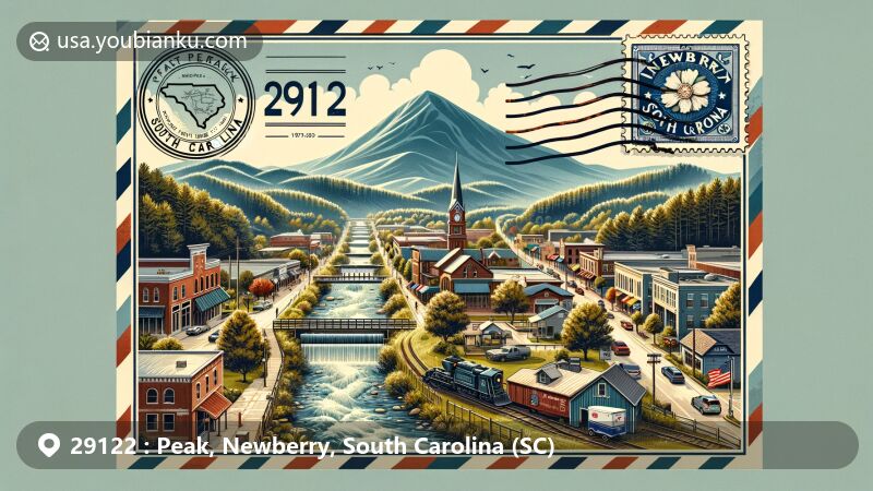 Modern illustration of Peak, Newberry, South Carolina, featuring the historic Greenville and Columbia Railroad, picturesque views of the Broad River, elements of the Palmetto Trail, downtown charm, and Blue Ridge Mountain backdrop.