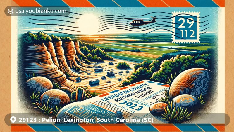 Creative illustration of Pelion, Lexington County, South Carolina, representing ZIP code 29123, featuring Peachtree Rock Heritage Preserve and Pelion's lush green farmlands.