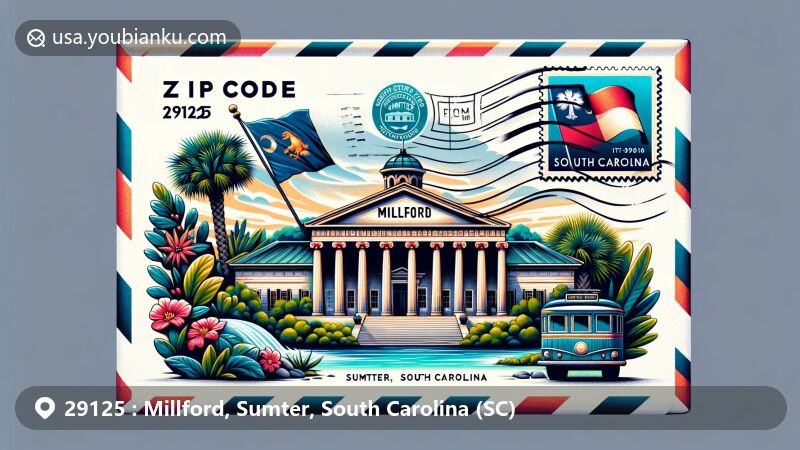 Modern illustration of Millford, Sumter, South Carolina, featuring vintage airmail envelope with ZIP code 29125, highlighting Greek Revival architecture and Palmetto Flag.