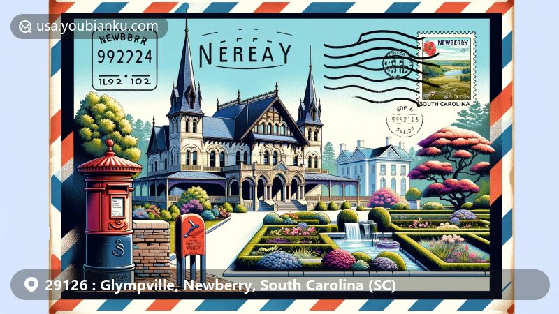 Modern illustration of Newberry area, South Carolina, USA, featuring Newberry Opera House, Wells Japanese Garden, Enoree River Winery, postal elements, and ZIP Code 29126.