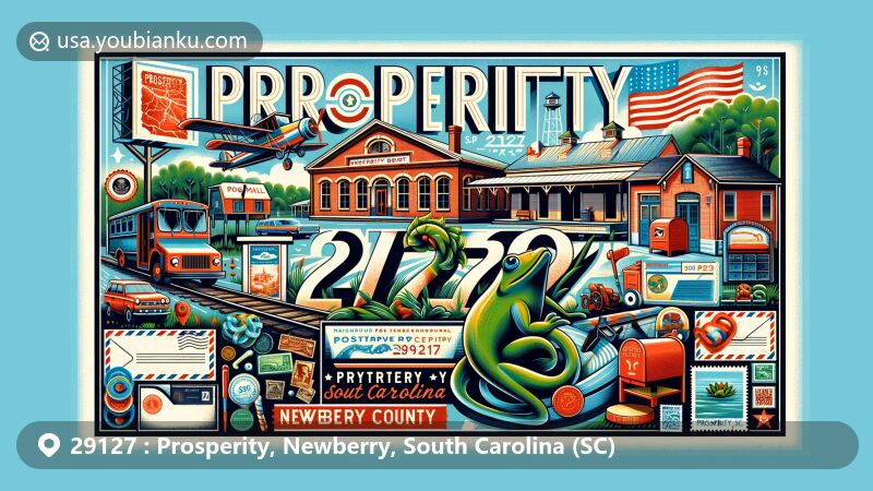 Modern illustration of Prosperity, Newberry County, South Carolina, showcasing vibrant postal theme with ZIP code 29127, featuring iconic landmarks like historic Prosperity Depot, Frog Level sculpture, and scenic Lake Murray.