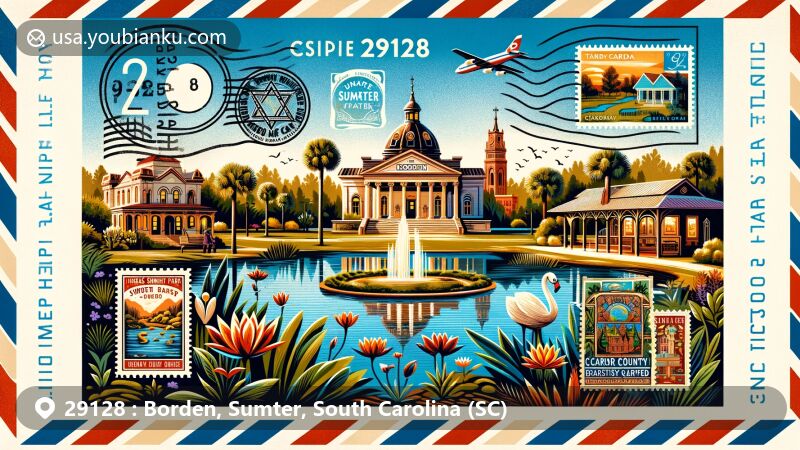 Modern illustration of Carolina Backcountry Homestead, showcasing ZIP code 29128 (Borden, Sumter, South Carolina), with Thomas Sumter Memorial Park, Temple Sinai Jewish History Center, and Sumter Opera House. Includes Poinsett State Park, Sumter County Gallery of Art, Swan Lake Iris Gardens, and historical Carolina Backcountry Homestead.