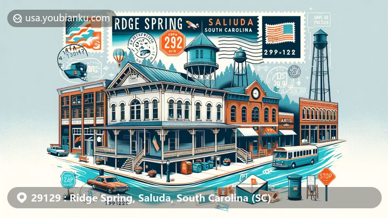 Artistic representation of Ridge Spring, Saluda County, South Carolina, highlighting the Ridge Spring Art Center and Main Street's charming storefronts, combined with postal elements and South Carolina symbols.