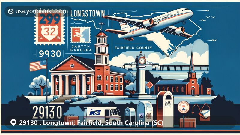Modern illustration of Longtown, Fairfield County, South Carolina, showcasing postal theme with ZIP code 29130, featuring Old Brick Church, South Carolina Railroad Museum, Lake Monticello, and Lake Wateree State Park.
