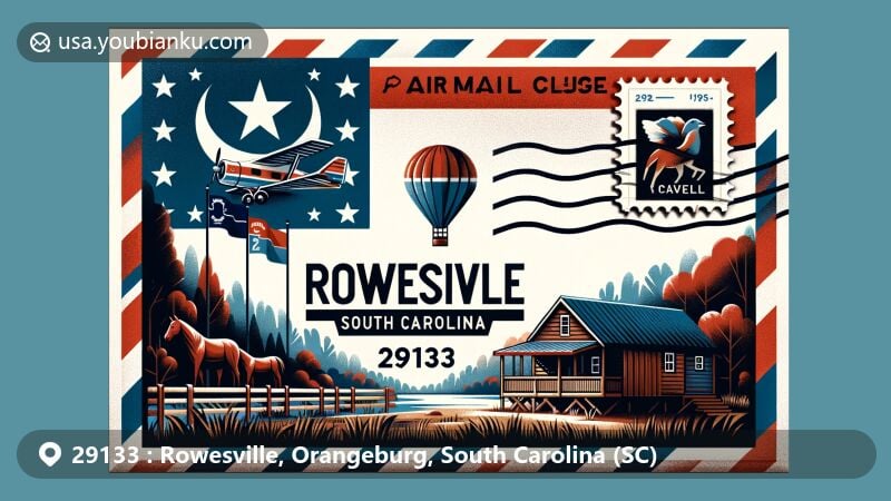 Modern illustration of Rowesville, South Carolina, showcasing postal theme with ZIP code 29133, featuring Cattle Creek Campground and state symbols including the South Carolina flag and the Carolina Wren.
