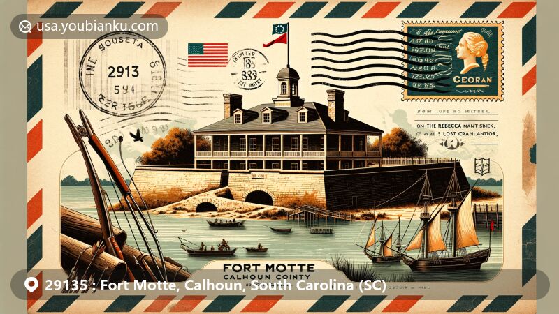 Modern illustration of Fort Motte, Calhoun County, South Carolina, showcasing postal theme with ZIP code 29135, featuring Fort Motte Revolutionary War site, Midway Plantation, and vintage airmail design.