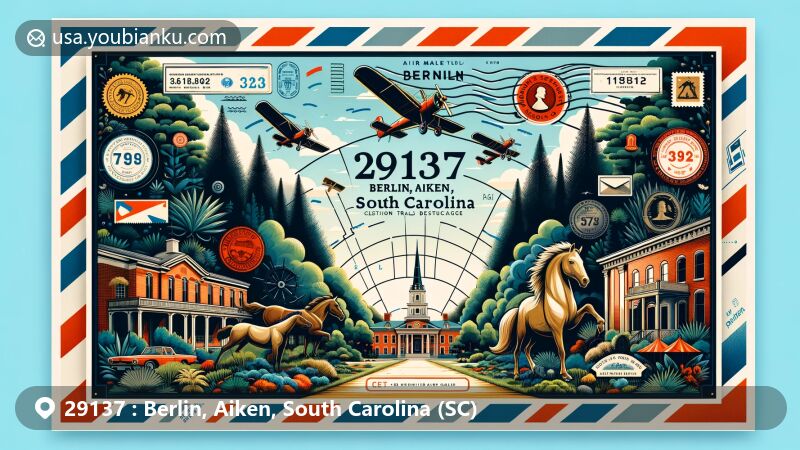 Vintage-style illustration of ZIP code 29137 in Berlin and Aiken, South Carolina, with iconic landmarks like Hitchcock Woods, historic buildings, and equestrian statues from downtown Aiken, capturing the area's horse-riding heritage.