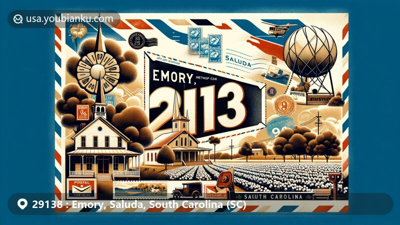 Contemporary illustration of Emory, Saluda, South Carolina, with ZIP code 29138, featuring vintage airmail envelope displaying local landmarks like Emory Methodist Church and Bonham House, alongside cotton fields and postal elements.