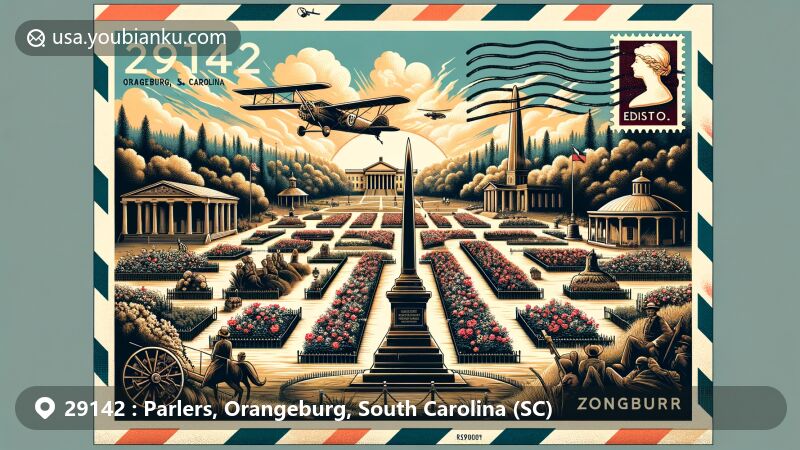 Artistic depiction of Orangeburg, South Carolina, highlighting ZIP code 29142 with postal motifs and local landmarks like Edisto Memorial Gardens, Eutaw Springs Battlefield, and Orangeburg County Historical Society.