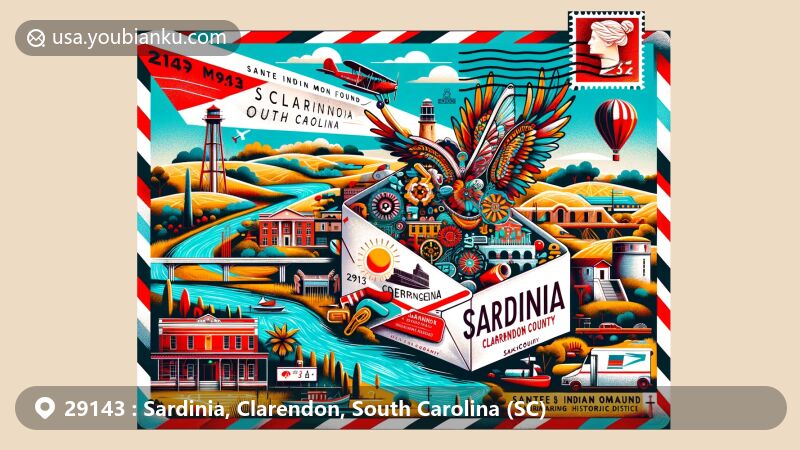 Modern illustration of Sardinia, Clarendon County, South Carolina, featuring airmail envelope frame with regional landmarks and cultural symbols like Santee Indian Mound, Fort Watson, Manning Commercial Historic District, and scenic Lake Marion view.