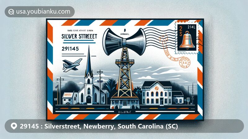 Modern illustration of Silverstreet, South Carolina, with unique Thunderbolt siren and historic Lutheran Church, featuring ZIP code 29145 and postal elements.