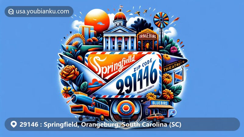 Vibrant illustration of Springfield, Orangeburg County, South Carolina, featuring airmail envelope with ZIP code 29146, Edisto Memorial Gardens, Bluebird Theatre, and Southern BBQ culture symbols.