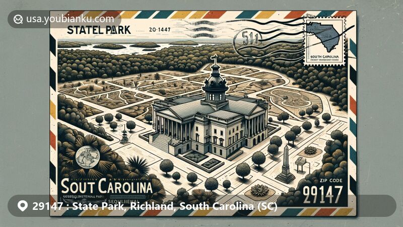 Modern illustration of ZIP code 29147, State Park, Richland County, South Carolina, featuring State House architecture, Sesquicentennial State Park, and postal elements.