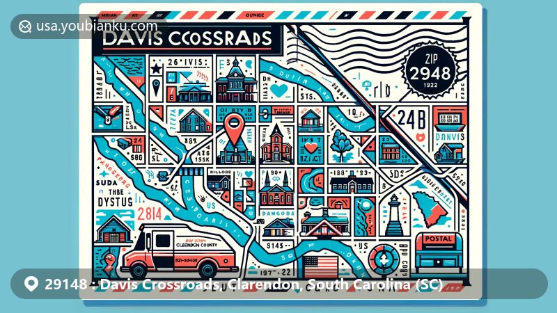 Modern illustration of Davis Crossroads, Clarendon, South Carolina, showcasing postal theme with ZIP code 29148, featuring notable landmarks and historical sites, including map outline and postal elements.