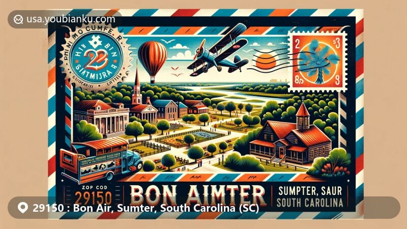 Illustration of Bon Air area, Sumter, South Carolina, featuring vintage airmail envelope with ZIP code 29150 and iconic landmarks: Thomas Sumter Memorial Park, Temple Sinai Jewish History Center, Battle of Dingle's Mill Historical Site, and Poinsett State Park.