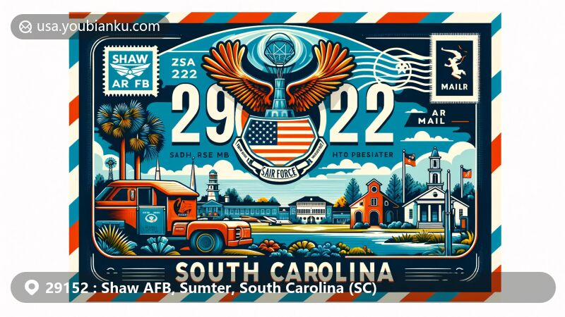 Creative illustration of Shaw Air Force Base, Sumter, South Carolina, in a vibrant air mail envelope design with emblem, state symbols, and landmarks.