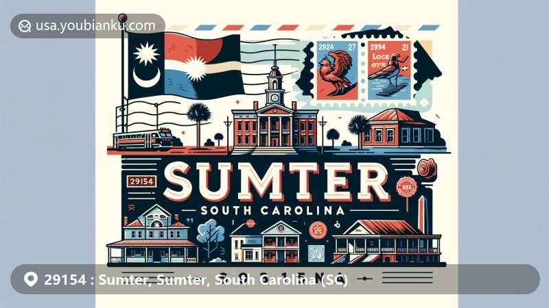 Modern illustration of Sumter, South Carolina, showcasing ZIP code 29154, featuring state flag, local landmarks, cultural symbols, and postal elements.