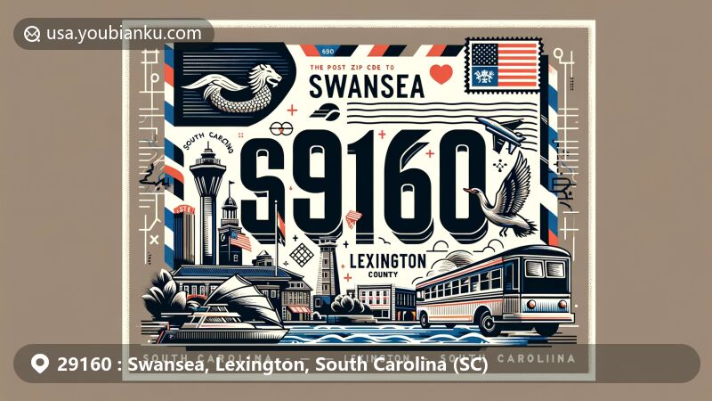 Modern illustration of Swansea and Lexington, South Carolina, showcasing postal theme with ZIP code 29160, featuring South Carolina state flag, Lexington County outline, and iconic local landmarks.