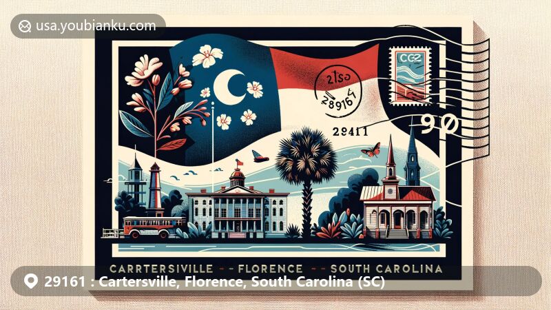 Modern illustration of Cartersville and Florence, South Carolina, featuring ZIP code 29161, showcasing state flag, Florence landmarks, Southern-style architecture, and local flora.