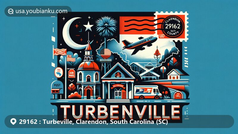 Modern illustration of Turbeville, Clarendon County, South Carolina, highlighting postal theme with ZIP code 29162, featuring the South Carolina state flag, Clarendon County silhouette, and small town elements.