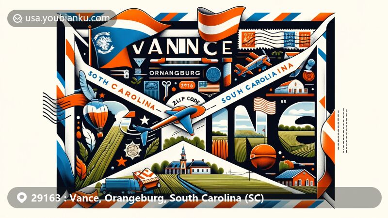 Modern illustration of ZIP Code 29163, Vance, Orangeburg County, South Carolina, showcasing air mail envelope with state flag and county outline, postal elements, and scenic background.