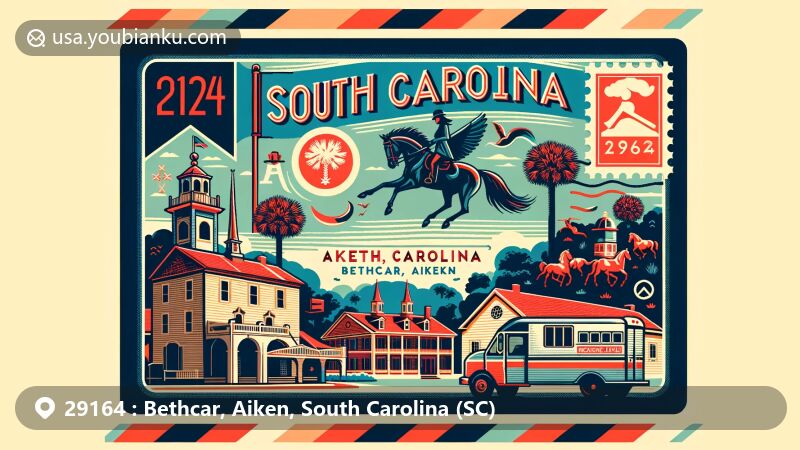 Modern illustration of Bethcar, Aiken, South Carolina, showcasing postal theme with ZIP code 29164, featuring South Carolina state flag with palmetto tree and crescent moon.