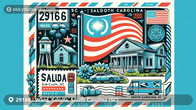 Modern illustration of Ward, Saluda County, South Carolina, showcasing postal theme with ZIP code 29166, featuring the South Carolina state flag, symbolic landmarks, and American symbols in a creative art style.