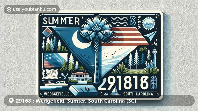 Modern illustration of Wedgefield, Sumter County, South Carolina, featuring the state flag with blue field, palmetto tree, and crescent, along with natural elements like pine trees and lakes, designed as a postcard with postal elements and ZIP code 29168.
