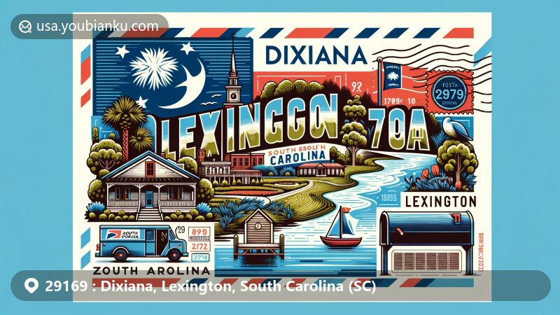 Modern illustration of Dixiana, Lexington, South Carolina, capturing postal theme with ZIP code 29169 and featuring the South Carolina state flag and generic local elements.