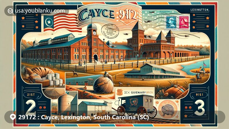 Modern illustration of ZIP Code 29172, Cayce, Lexington, South Carolina, with Cayce Historical Museum and Guignard Brick Works, showcasing historical architecture and postal elements.