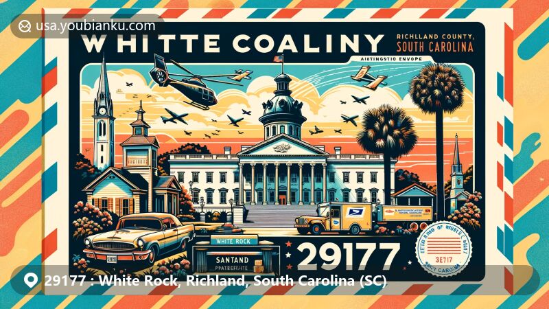 Creative illustration of White Rock, Richland County, South Carolina, inspired by postal theme with ZIP code 29177, featuring the South Carolina State House, palmetto tree, Kensington Plantation House, Hopkins Presbyterian Church, and postal elements.