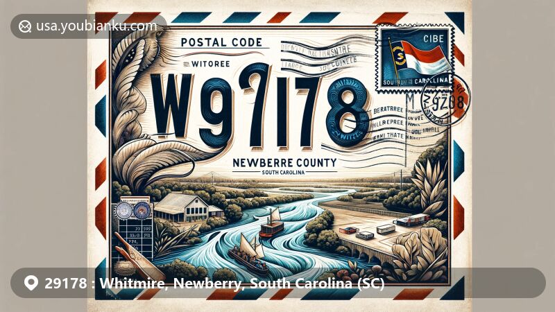 Modern illustration of Whitmire, Newberry County, South Carolina, presenting postal theme with ZIP code 29178, featuring Enoree River, state flag, and vintage stamps.