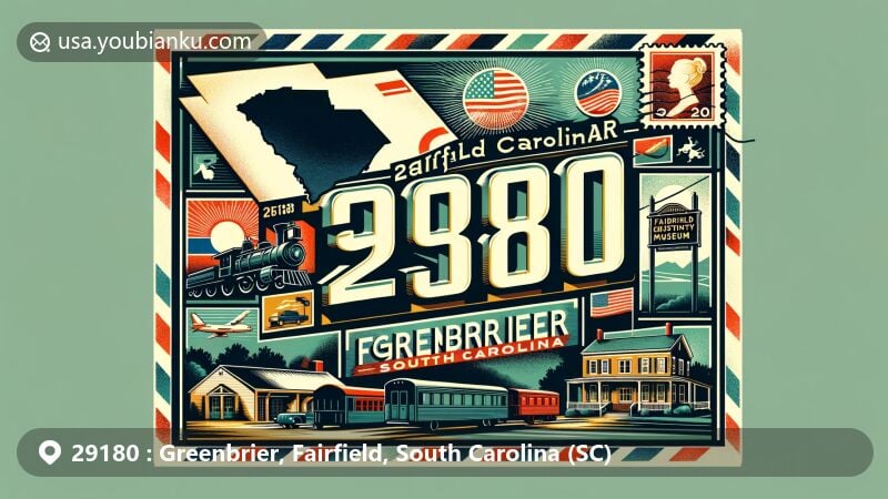Vintage-style illustration of Greenbrier, Fairfield, South Carolina with ZIP code 29180, featuring Fairfield County Museum and South Carolina state silhouette.