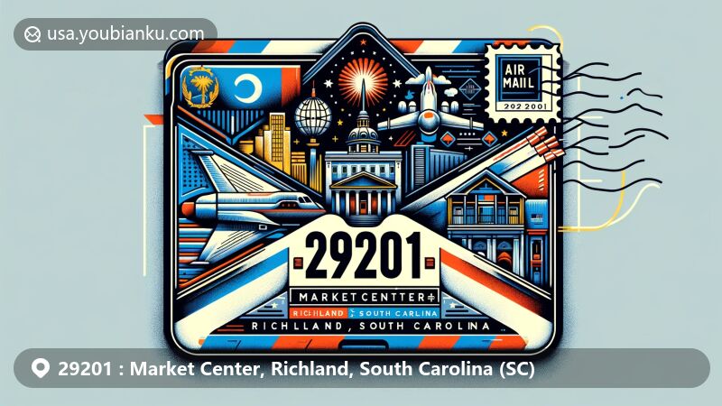 Modern illustration of Market Center, Richland County, South Carolina, showcasing postal theme with ZIP code 29201, featuring South Carolina state flag, Richland county outline, and iconic landmark.