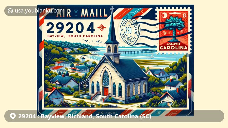 Modern illustration of Bayview, Richland County, South Carolina, showcasing postal theme with ZIP code 29204, featuring St. Thomas' Church and the South Carolina State House.