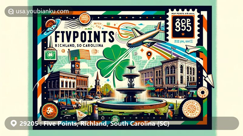 Vibrant illustration of Five Points, Richland, South Carolina, inspired by vintage air mail envelopes, featuring Five Points Fountain and references to the St. Patrick's Day Festival.