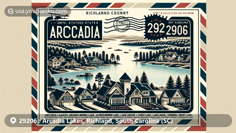 Modern illustration of Arcadia Lakes, Richland County, South Carolina, inspired by postal theme with ZIP code 29206, featuring seven lakes, pine trees, diverse residential areas, stamps, postmark, and South Carolina state flag.