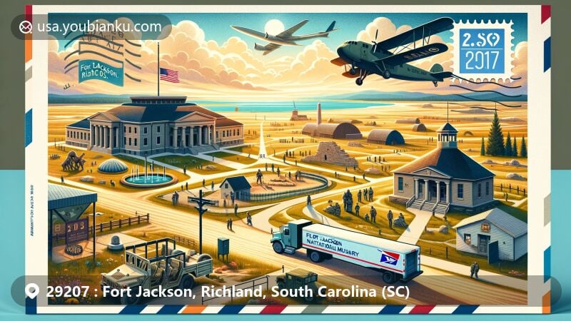 Modern illustration of Fort Jackson, Richland County, South Carolina, with ZIP code 29207, showcasing military training scenes, U.S. Army Chaplain Museum, Fort Jackson National Cemetery, and Sesquicentennial State Park.