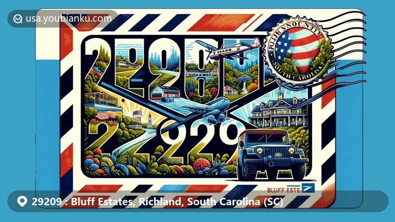Modern illustration of Bluff Estates, Richland County, South Carolina, showcasing postal theme with ZIP code 29209, featuring Fort Jackson and Harbison State Forest.