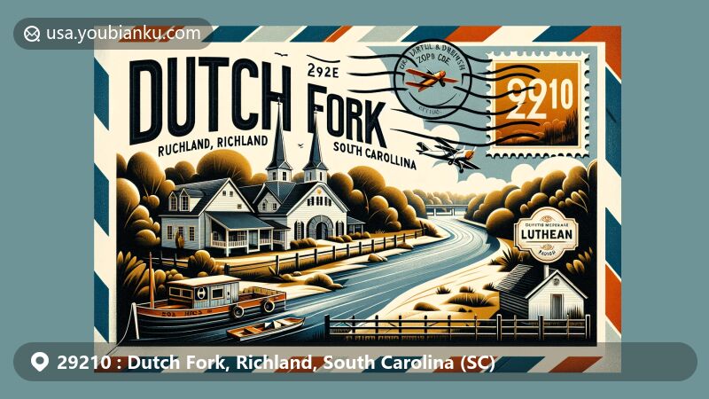 Modern illustration of Dutch Fork, Richland County, South Carolina, capturing the confluence of Saluda River and Broad River to form the Congaree River, featuring Lindler House and a Lutheran church, all within an airmail envelope with a postal stamp and postmark.