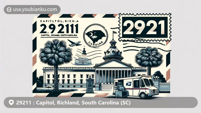 Modern illustration of Capitol, Richland, South Carolina, incorporating landmarks like the State House, Edgar A. Brown Building, and Palmetto Tree Statue in a postal theme with ZIP code 29211.