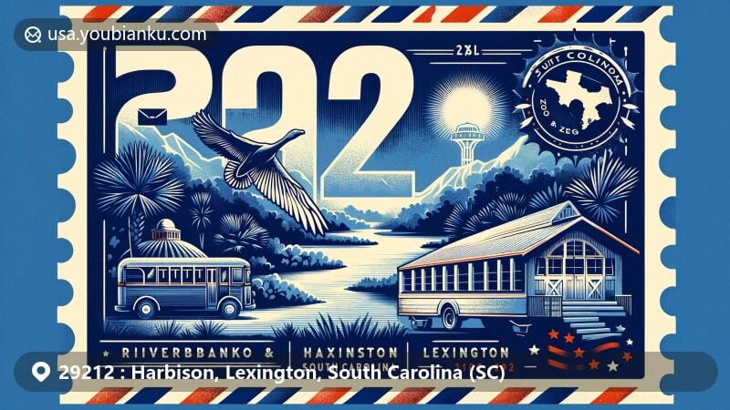 Modern illustration of Harbison, Lexington, South Carolina, highlighting ZIP code 29212, featuring Riverbanks Zoo & Garden and the South Carolina state flag.