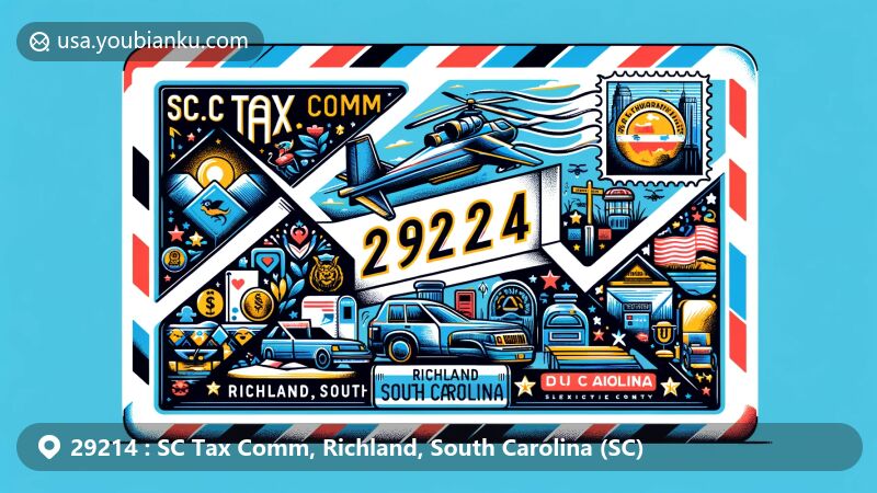 Creative illustration of SC Tax Comm, Richland, South Carolina, resembling a stylish airmail envelope with ZIP code 29214 and SC state symbols.