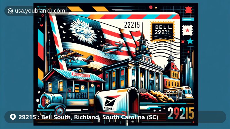 Modern illustration of Bell South, Richland, South Carolina, displaying a postal theme with ZIP Code 29215, showcasing the state flag and iconic landmarks like the Robert Mills House.