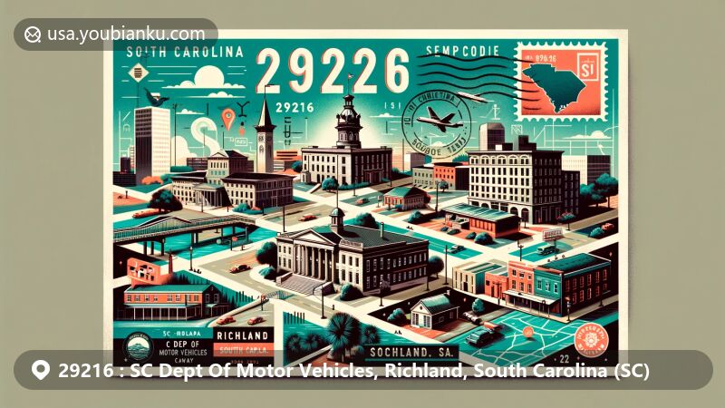 Modern illustration of Richland County, South Carolina, showcasing postal theme with ZIP code 29216, featuring the State House and Olympia Mill School.