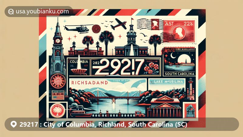 Modern illustration of Columbia, Richland, South Carolina, in the style of a vintage air mail envelope, featuring landmarks like Five Points Fountain, Gervais Street Bridge, Lake Murray, the South Carolina State House, and the Big Apple Night Club.