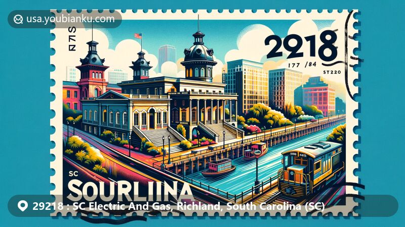 Creative postcard illustration of the 29218 ZIP code area in South Carolina, featuring Robert Mills House, Columbia Canal, and The Hub, blending historical and modern elements.