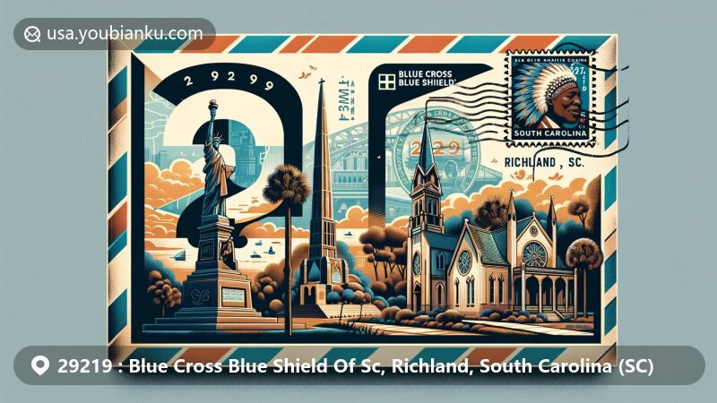 Modern illustration of ZIP code 29219, resembling a vintage airmail envelope. Depicts African-American Monument and St. Thomas' Church in Columbia, showcasing rich cultural heritage. Features bold print of '29219' and decorative SC state flag stamp.