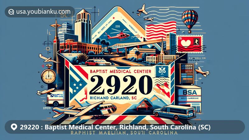 Contemporary illustration of the 29220 ZIP code area, Baptist Medical Center, Richland, South Carolina, with a prominent airmail envelope featuring ZIP code 29220, South Carolina state flag, Richland County outline, and local landmarks and symbols.