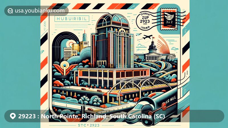 Modern illustration of Richland County, North Pointe area, and South Carolina, featuring ZIP code 29223 with postal theme, portraying The Hub, Congaree National Park, and SC State House.